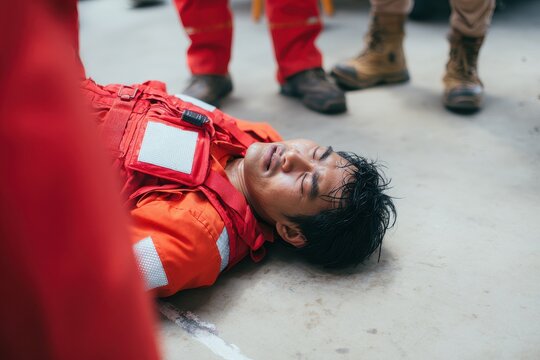 Asian man collapsed unresponsive unconscious bias paramedics provide aid snake bite response fire victim rescue healthcare training for fatalities