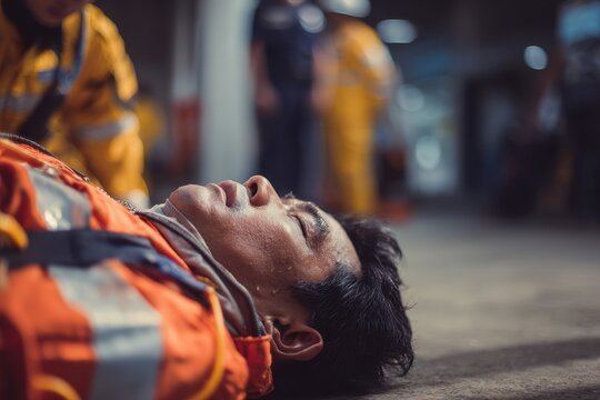 Asian man collapsed unresponsive unconscious bias paramedics provide aid snake bite response fire victim rescue healthcare training for fatalities