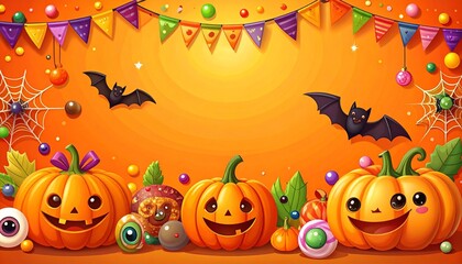 Spooky Halloween Flat Lay Background on Orange