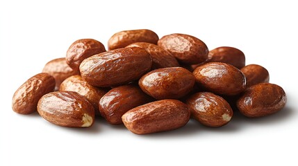 Pile of shiny brown jojoba nuts isolated on white.