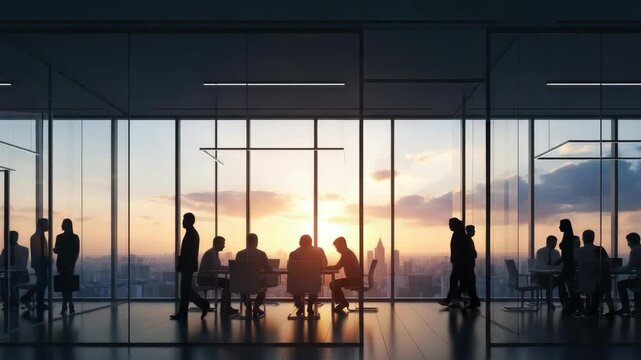Business people are silhouetted in modern glass office overlooking vibrant city skyline at sunset Some attend meeting others walk reflecting productive corporate environment