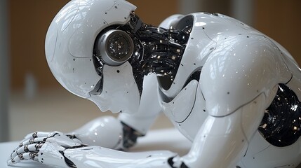 Broken humanoid robot slumped on a surface.