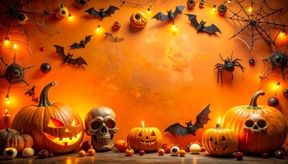 Spooky Halloween Flat Lay Background on Orange