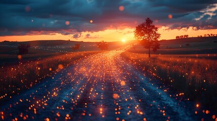 Magical sunset road with glowing particles.