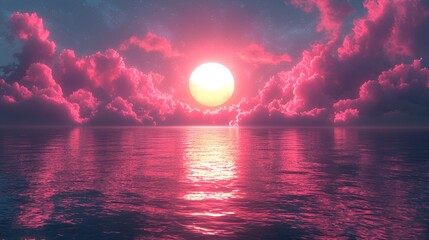 Pink sunset over calm ocean.