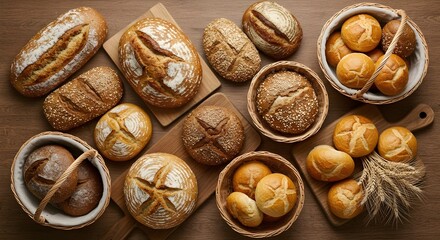 Rustic table with selection of artisanal breads and wicker baskets filled with golden wheat stalks