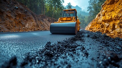 Road construction A yellow asphalt roller compacts fresh asphalt on a new road cut through a forest.