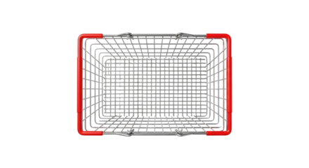 Empty metal shopping basket isolated on transparent background, topdown perspective