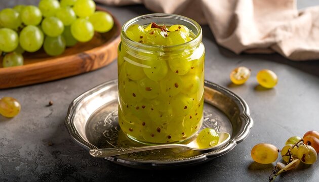 Preserved green grapes in a glass jar