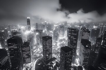 Aerial View of Cityscape with Skyscrapers at Night in Black and White, Fog, Light