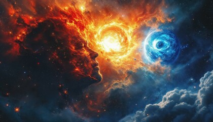 Fototapeta premium Cosmic Face and Celestial Orbs Representing Creation and Destruction in Nebulas Embrace