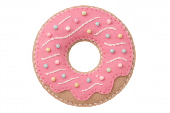 Pink felt donut with colorful beads and white frosting stitching on transparent background