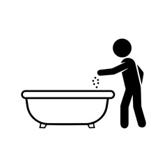 Stickman pouring bath salts into bathtub vector illustration, minimalist black silhouette of person preparing hot bath, wellness, hygiene, spa, relaxation, self care and body treatment concept design.