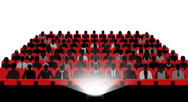 A diverse audience of people sitting in a movie theater watching a bright screen.