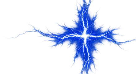 Blue lightning strike isolated on transparent background creates a cross shape
