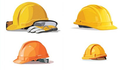 Four hard hats, one pair of safety glasses, and work gloves are displayed, illustrating construction safety