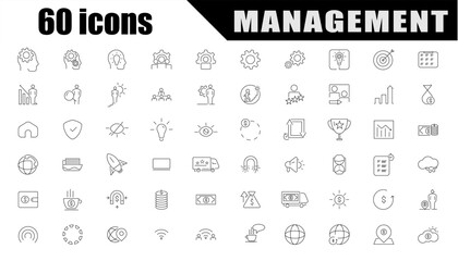 60 Business Management Icon Collection – Project Management, Teamwork, Corporate Planning, Office Tools, HR, Financial Services, Marketing, Operations & Customer Support Vector Icons.  30092025A