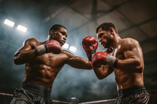 Two male athletes compete in boxing Diverse men engage in kickboxing at a gym Boxing requires physical strength and powerful punches for knockouts