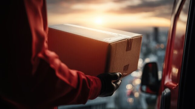Delivery action with package urban cityscape photography sunset environment close-up viewpoint logistics concept - Powered by Adobe