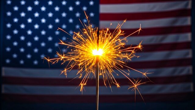 Sparkler burning in front of american flag symbolizing celebration and patriotism
 - Powered by Adobe