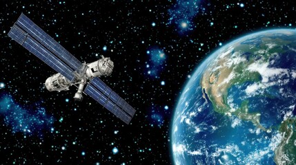 Satellite orbiting earth space digital artwork cosmic environment aerial view futuristic exploration