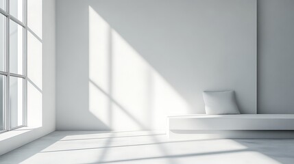 Fototapeta premium Bright White Room with Large Window, Natural Light, Minimalist Design, and White Bench