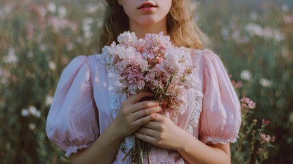 Fototapeta premium A person with fair skin and curly hair holds a bouquet of pink flowers in a field
