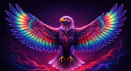 A majestic eagle is depicted with wings outstretched, showcasing a vibrant array of rainbow colors against a cosmic, dark purple background with wispy clouds.