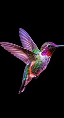 Obraz premium Vibrant hummingbird with iridescent plumage displays its wings against a stark black backdrop, showcasing vivid colors including purple, green, pink, and orange, creating a striking visual contrast