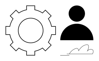 Gear symbol next to user figure with stylized cloud accent. Ideal for technology, teamwork, user settings, engineering, processes, operations, and collaboration. Clean simple flat metaphor