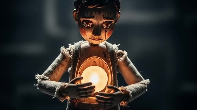 Creepy wooden puppet with glowing heart in dark room.