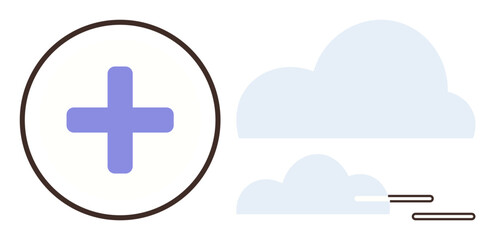 Obraz premium Blue cross within a black circle beside light blue clouds. Ideal for health, wellness, positivity, growth, care, medical innovation, and cloud-based services. Simple flat metaphor