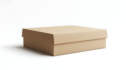 Closed Light Brown Cardboard Box with Lid on White Background, Simple Package