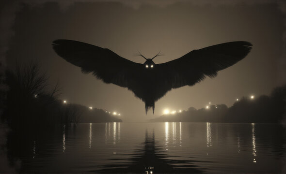 Ominous Silhouette of Mothman with Glowing  Eyes Hovering Over Water at Night