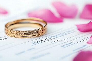 Closeup of Gold Rings on White with Rose Petals, Symbolizing Commitment