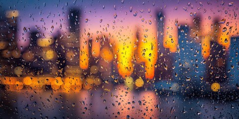 Rainy City Sunset seen through raindrops on a window