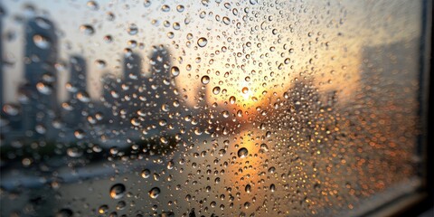 Raindrops on glass, city silhouette, golden sunset glow.