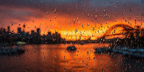 Rainy window view of city skyline, bridge at dusk