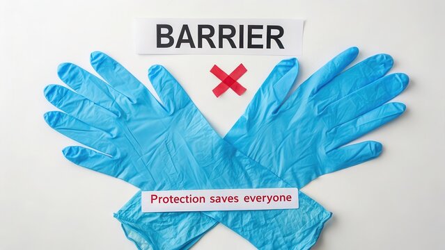 Blue medical gloves forming barrier with message on white background