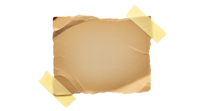 Isolated on transparent background, torn piece of brown paper taped on the wall