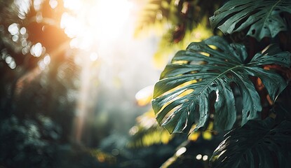 Large split leaf, sun-drenched tropical foliage close-up