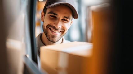 Delivery service action urban location image of a smiling courier friendly environment close-up view customer-centric concept