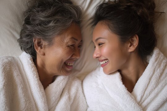 An Asian mother and her grown daughter relax in white robes laughing and discussing their skincare routines while enjoying natural light at a cozy spa
