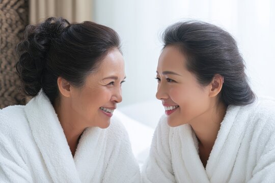 An Asian mother and her grown daughter relax in white robes laughing and discussing their skincare routines while enjoying natural light at a cozy spa
