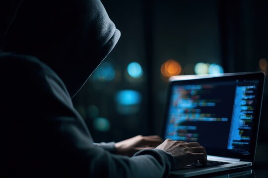 A figure in a hood types on a laptop in a dark room representing hacking or secret programming