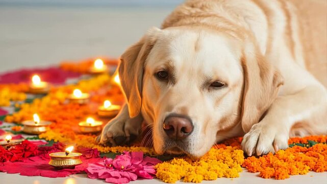 Diyas with marigold on Diwali Day, Peaceful golden retriever lies on vibrant flowers with glowing candles, creating serene atmosphere
