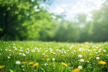 Fototapeta premium Dandelion Meadow, Green Field, Grass, Springtime, Landscape, Floral, Nature, Sky