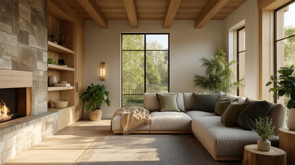 Fototapeta premium Serene Living Room: A beautifully designed living room bathed in natural light features a cozy stone fireplace, lush greenery, and a comfortable sofa, creating a welcoming and relaxing atmosphere.