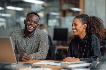 Obraz premium Two young black individuals enjoy discussing their business while seated at a desk in an office