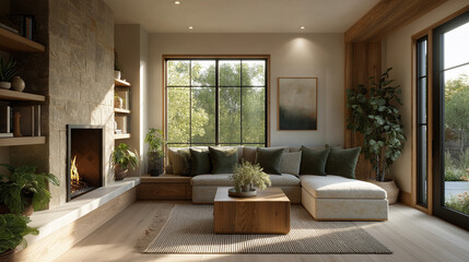 Fototapeta premium Cozy Living Room Interior: A light-filled living room, showcasing an inviting fireplace, comfortable sofa, and natural elements. Perfect for illustrating home interior design, relaxation.